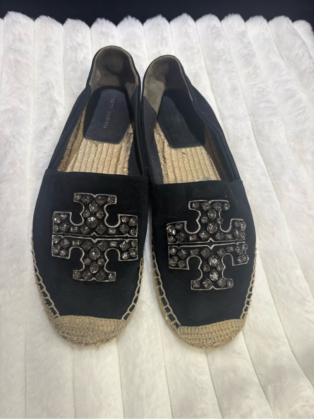 Tory Burch Black Suede Espadrille Slip-Ons with Embellished Logo